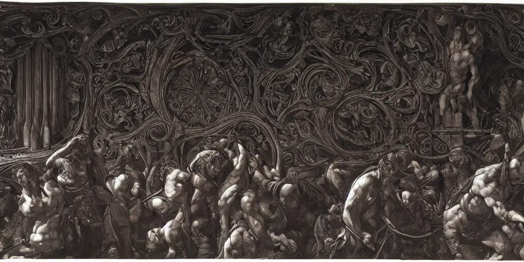 Image similar to wide angle view, pipe organ intricately carved from dark smoke, high detail baroque oil painting, alan lee, caravaggio, michelangelo