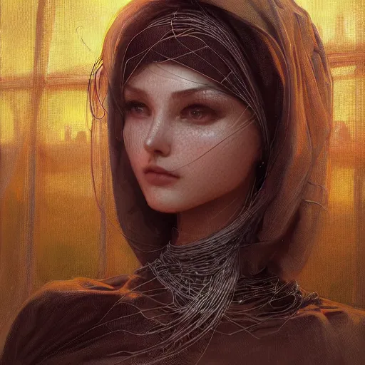 Image similar to portrait of a humanoid robot wearing a veil, mystic, mystical, robot body, wires, robotic, intricate, headshot, highly detailed, digital painting, artstation, concept art, sharp focus, cinematic lighting, digital painting, art by artgerm and greg rutkowski, alphonse mucha, cgsociety