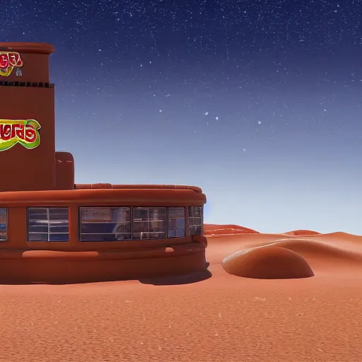 Image similar to burger king on arrakis, photorealistic, ultra detailed, 4 k, 8 k, arrakis, dune, desert planet, shai hulud, firemen