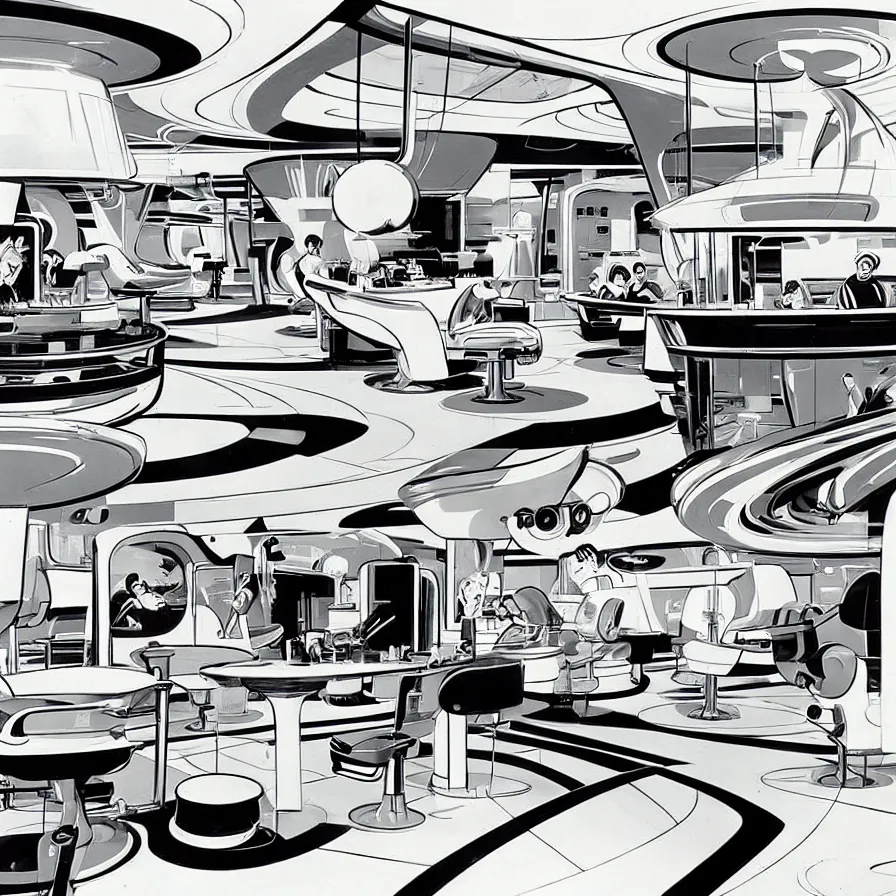 Image similar to concept art of jetsons cartoon scenario of a futuristic hair salon, painted by syd mead