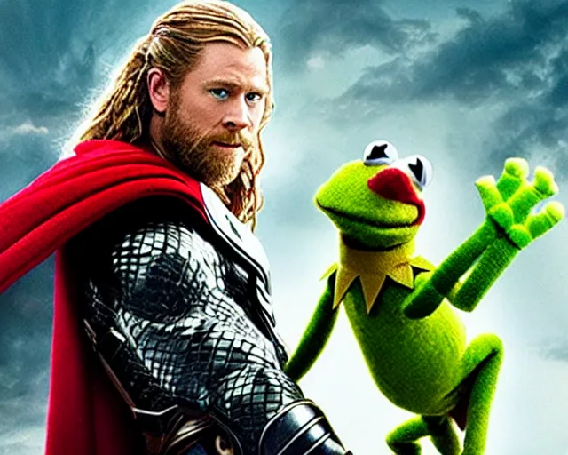 Image similar to a still from the movie Thor: Love and thunder with Kermit the muppet frog playing Thor