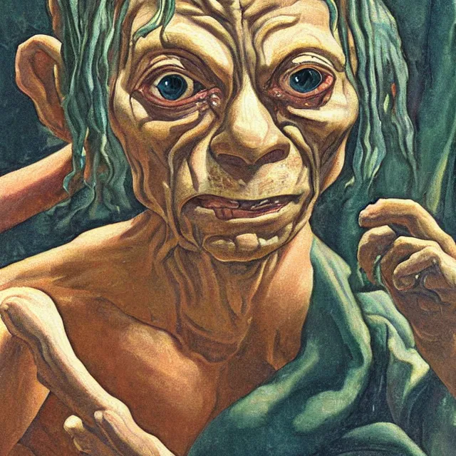 Image similar to a painting of gollum, art nouveau, detailed 8 k, from 1 9 2 7, beautiful