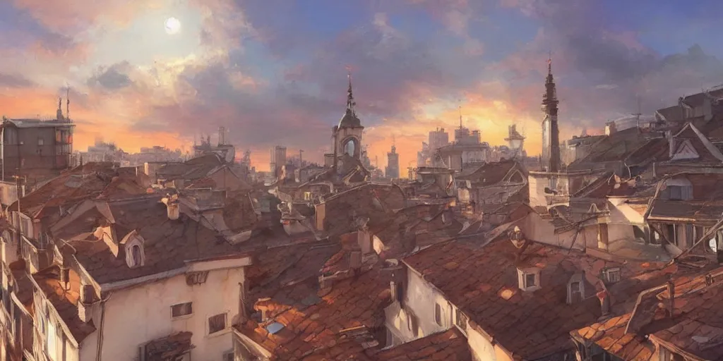 Image similar to stunning painting of a cats running on rooftops during sunset by krenz cushart