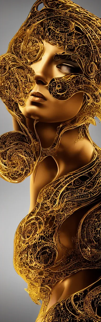 Image similar to epic illustration, gold bodypaint, neobrutalistic, digital abstract sculpt of beautiful female face and black swirling latex acrylic portrait, black latex sculpt, minimalism, mechanical superstructure, sacred geometry, 8 k, cinematic, magic hour, beautiful light, sculpture of carving marble, dark colors, filigree ornaments, one point light, clockwork, epic matte painting