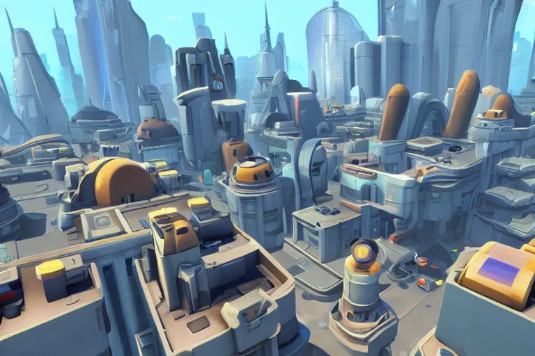 Image similar to futuristic city in team fortress 2