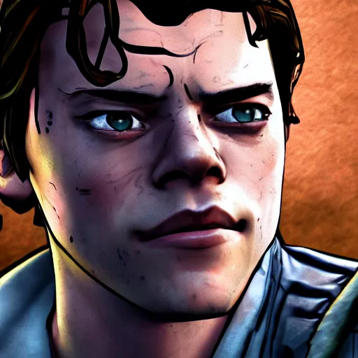 Image similar to harry styles portrait, borderlands, tales from the borderlands, the wolf among us, comic, cinematic lighting, studio quality, 8 k