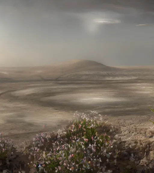 Image similar to a matte painting of a white biroremediation architecture in the mining tailings in the desert, prairie, cottage town, foggy, patchy flowers, oil painting, pale colors, high detail, 8 k, wide angle, trending on artstation, behance