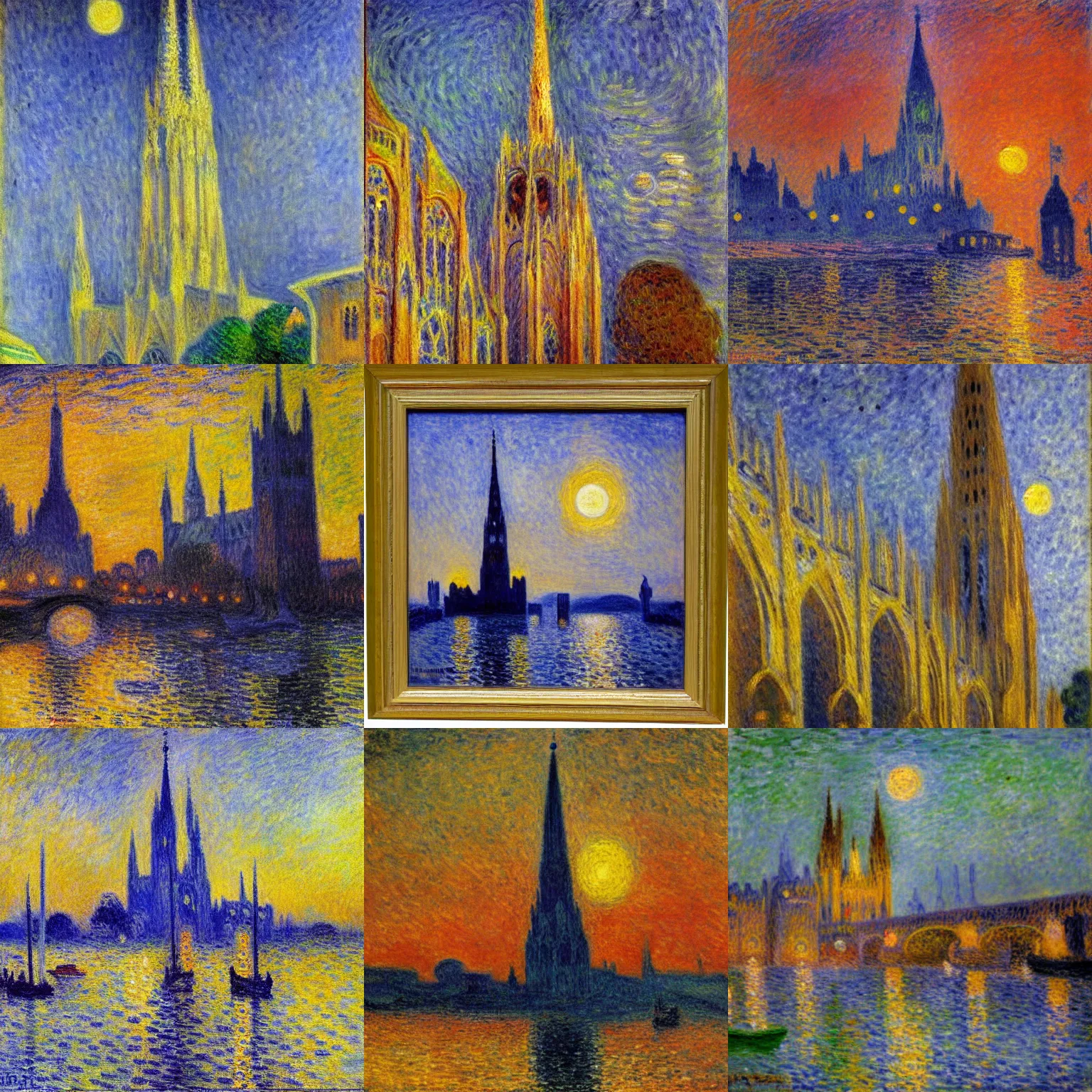 Prompt: oil painting of cathedral with a tower spire towards a full moon, impressionist, monet, renoir, signac.