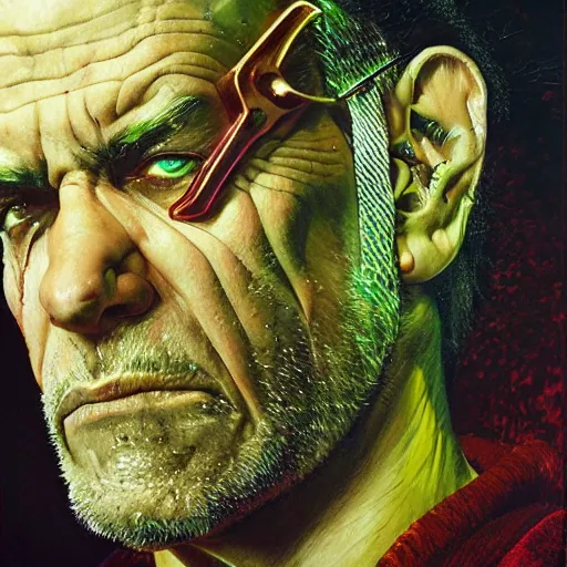 Image similar to cyberpunk orcs, rule of thirds, cinematic lighting, by chuck close, by norman rockwell, hyperrealistic photorealism acrylic on canvas, hyper detailed, mohawk.