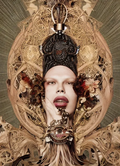 Prompt: alexander mcqueen advertisement photography by mucha, extremely coherent, sharp focus, elegant, render, octane, detailed, award winning photography, masterpiece, rim lit