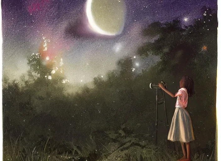 Prompt: a young caribbean girl on the front lawn using a telescope looking up at the stars, night time, forest in the distant background by greg rutkowski,