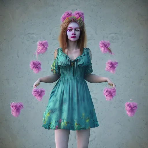 Prompt: 8 k, octane render, realism, tonalism, renaissance, rococo, baroque, cotton candy, portrait of a creepy young lady wearing bohemian long 1 9 7 0 s babydoll dress with flowers