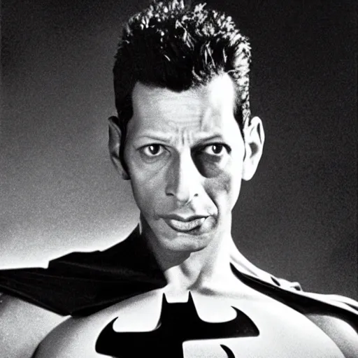 Image similar to jeff goldblum as batman, movie still, 1 9 8 9