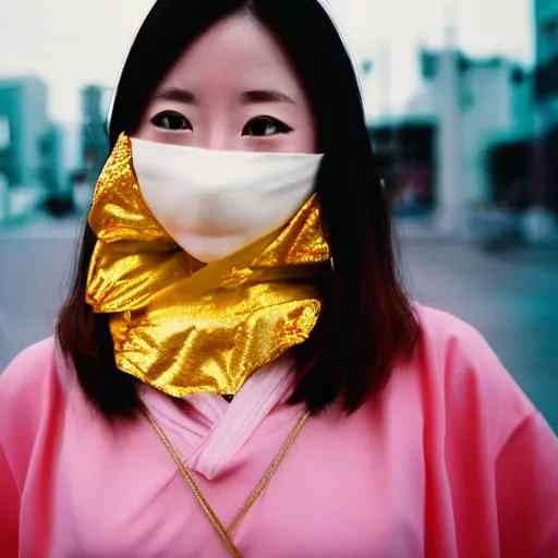 Image similar to japanese female balaclava face mask with golden necklace and kimono, photo portrait, beautiful female model, tokyo, city neon light, bokeh, long exposure, kodak promax 4 0 0, sony lens