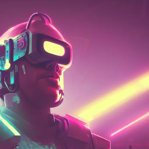 Image similar to cyberpunk concept cool warrior bot, night background, cinema 4 d, galaxy, ufo, space sci - fi, wearing vr goggles, illustration, portrait, pastel neon textured background night, trending on artstation, greg rutkowski, octane rendered, 1 2 k, detailed,