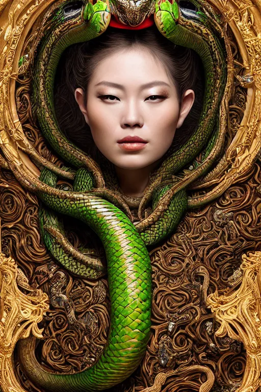 Image similar to a beautiful empress portrait, with a brilliant, impossible striking big Snake headpiece, clothes made of snakes, everything snakes, boa, symmetrical, dramatic studio lighting, rococo, baroque, greens, asian, hyperrealism, closeup, D&D, fantasy, intricate, elegant, highly detailed, digital painting, artstation, octane render, 8k, concept art, matte, sharp focus, illustration, art by Artgerm and Greg Rutkowski and Alphonse Mucha