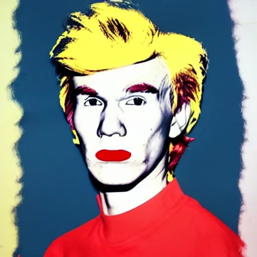 Prompt: colour portrait of angry andy warhol, 20 years old, who looks straight into the camera, with shoulders visible in the frame. in the style of andy warhol