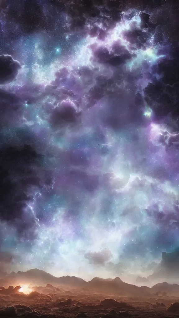 Prompt: alien planet, interstellar nebulae sky, hyperrealism, ambient lighting, atmospheric