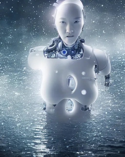 Image similar to beautiful centered fine art photo portrait of hoyeon jung as a solarpunk robotic humanoid, white mechanical parts with bright halogen lights, treading above water, ultra - realistic and detailed, white background, natural lighting, soft focus, slow exposure hdr 8 k