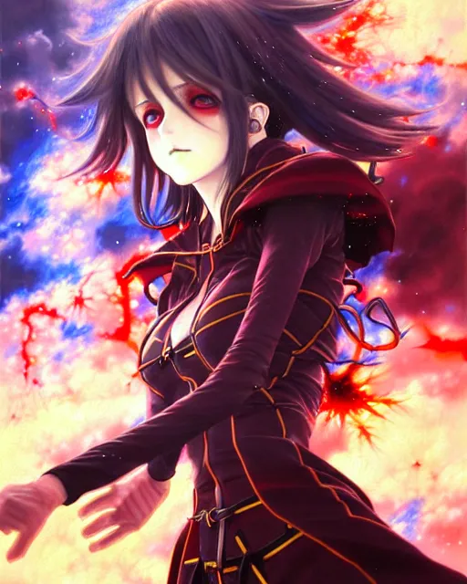 Image similar to megumin casts explosion, an ultrafine detailed painting by ayami kojima, cgsociety, fantasy, anime digital art, lovecraftian, cosmic horror, detailed painting