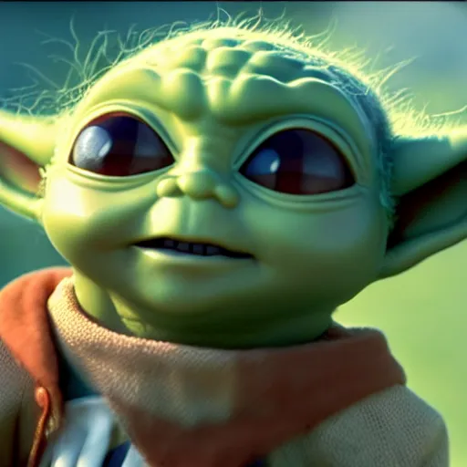 Prompt: film still from 2 0 yards in the distance, of baby yoda smiling, he wants to play, outside sunny in toy story ii, 4 kz