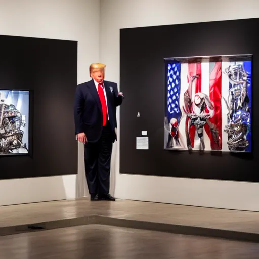 Image similar to trump watching a cyborg trump exhibition in a museum, studio lighting, photography, highly detailed, 4 k,