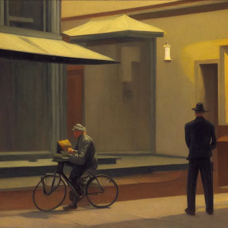 Image similar to a man with a bike resting in quiet town at foggy night, painted by Edward Hopper, oil painting