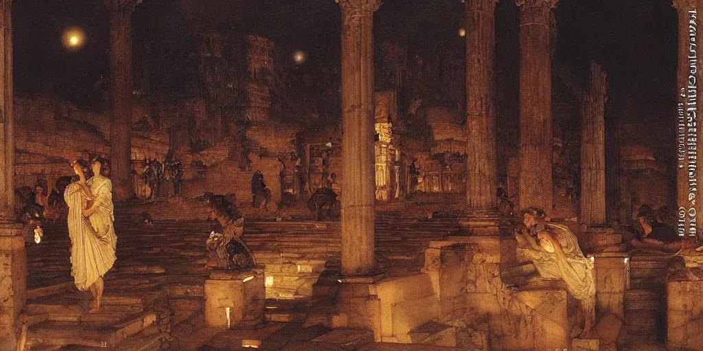 Image similar to ancient rome on fire at night by lawrence alma - tadema,