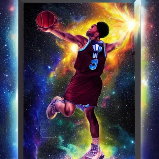 Prompt: cosmic basketball player dunking a basketball hoop in a nebula, an oil painting, by ( leonardo da vinci ) and greg rutkowski and rafal olbinski and ross tran, award - winning magazine cover