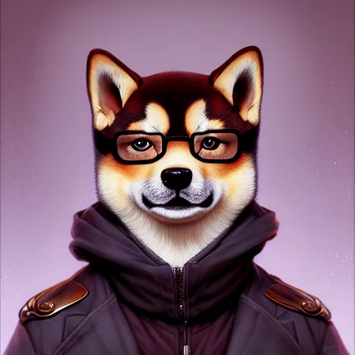 Prompt: portrait painting of a cute shiba inu bard with glasses, ultra realistic, concept art, intricate details, eerie, highly detailed, photorealistic, octane render, 8 k, unreal engine. art by artgerm and greg rutkowski and charlie bowater and magali villeneuve and alphonse mucha