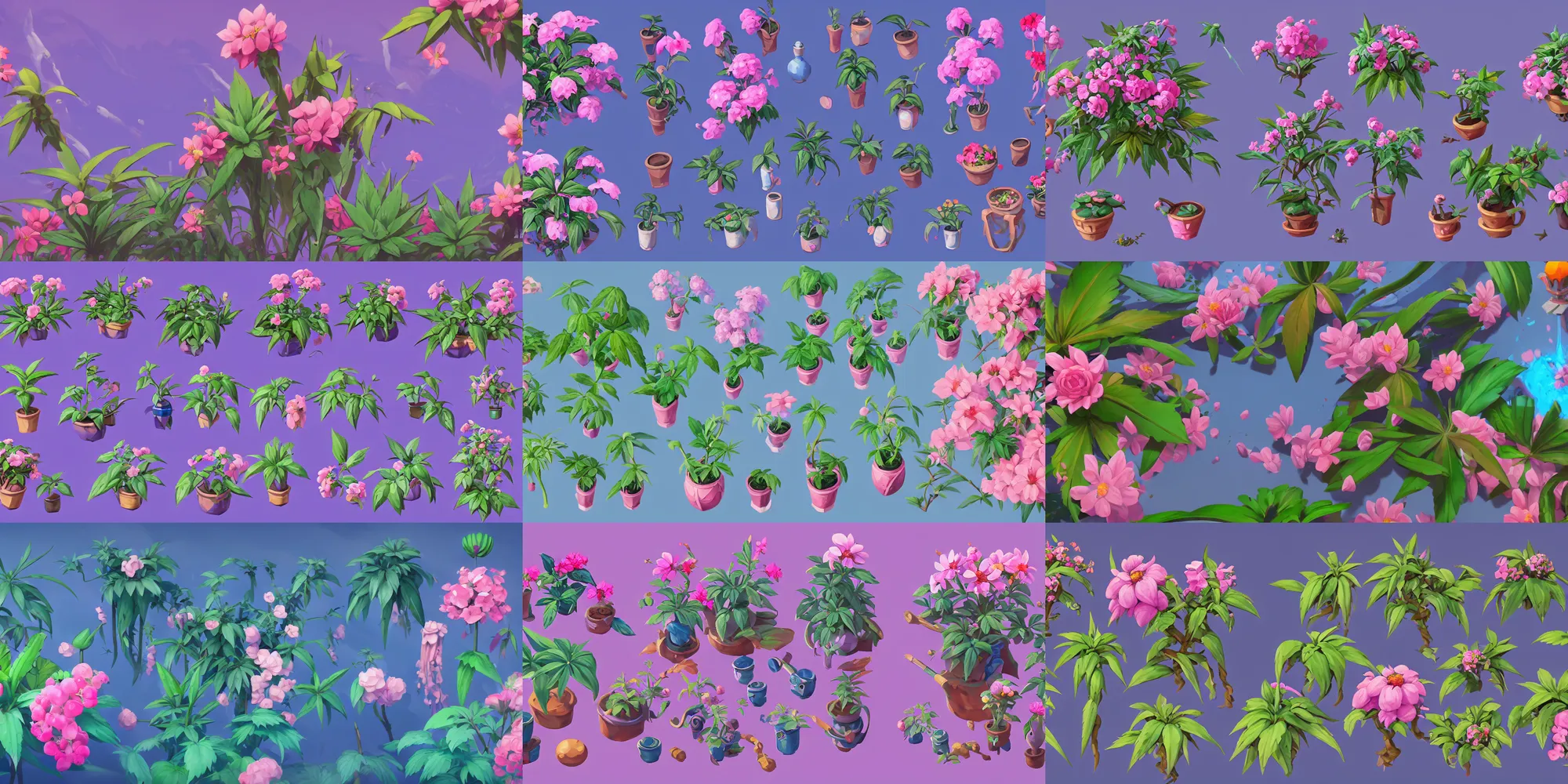Prompt: game asset of pot plants and flowers, in gouache detailed paintings, props, stylized, 2 d sprites, kitbash, arcane, overwatch, blue and pink color scheme, 8 k, close up