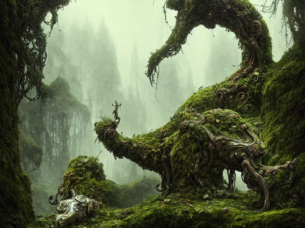 Image similar to ancient fallen god, lush trunda vegetation, snow :: by Michal Karcz, Daniel Merriam, Victo Ngai and Guillermo del toro :: ornate, dynamic, particulate, intricate, elegant, highly detailed, centered, artstation, smooth, sharp focus, octane render, 3d