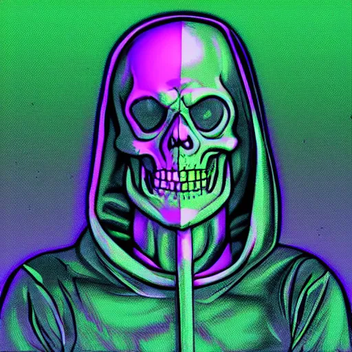 Image similar to skeletor in hoodie, portrait, vaporwave, synthwave, neon, vector graphics, cinematic, volumetric lighting, f 8 aperture, cinematic eastman 5 3 8 4 film, photorealistic