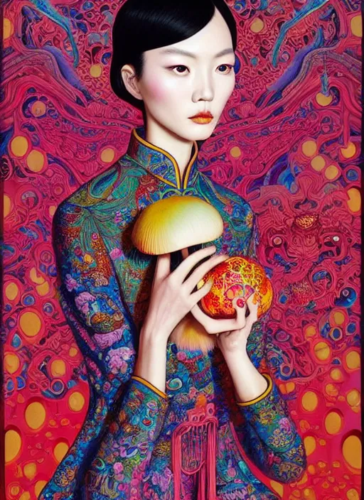 Image similar to pretty chinese model with hallucination mushroom : : by martine johanna and simon stalenhag and chie yoshii and casey weldon and wlop : : ornate, dynamic, particulate, rich colors, intricate, elegant, highly detailed, vogue, harper's bazaar art, fashion magazine, smooth, sharp focus,