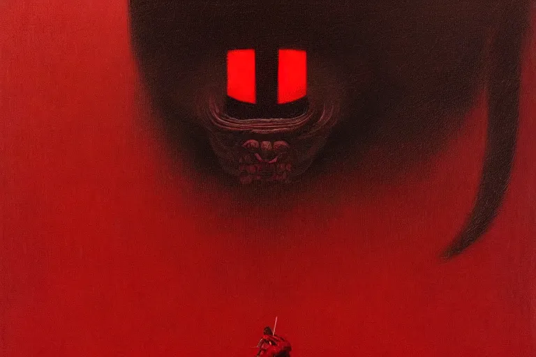 Image similar to only with red, a red samurai harakiri, tokio, a lot of frogs watch, in the style of beksinski, parts by edward hopper, parts by rodcenko, parts by yue minjun, intricate and epic composition, red by caravaggio, insanely quality, highly detailed, masterpiece, red light, artstation, 4 k