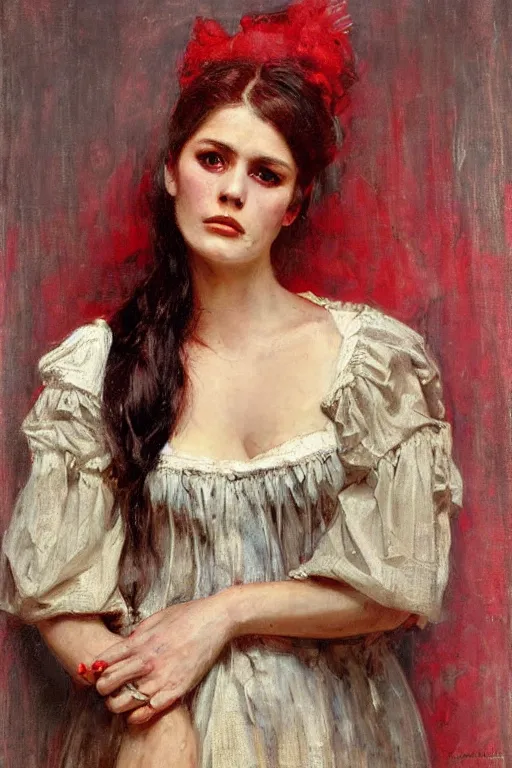 Image similar to Solomon Joseph Solomon and Richard Schmid and Jeremy Lipking victorian genre painting full length portrait painting of a young beautiful woman traditional german french Brigitte Bardot barmaid in fantasy costume, red background