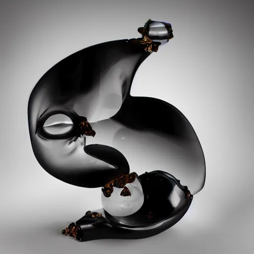 Prompt: an extremely reflective polished raytraced quantum homunculus jube slant metallic hypersculpture made of obsidian chrome ferrofluid magnesium opal citrine porcelain jubbleflups