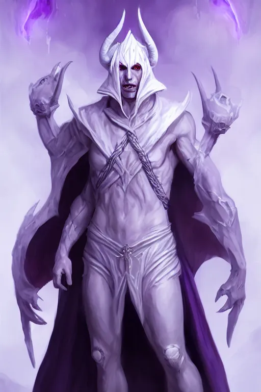 Prompt: human male demon, full body white purple cloak, no hoodie, warlock, character concept art, costume design, black eyes, white horns, trending on artstation, Artgerm , WLOP