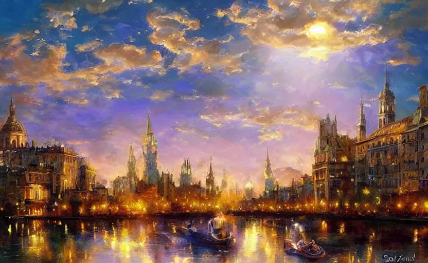 Image similar to Beautiful alchemy cityscpae, a big saturn is in the sky. By Konstantin Razumov, highly detailded