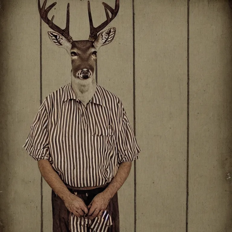 Prompt: deer headed man wearing striped prison clothing, colorized old jail mugshot