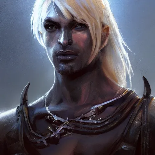 Image similar to closeup portrait of a male drow warrior, dungeons and dragons character, dramatic lighting, castle background, gorgeous view, realistic, high detail, digital art, painted by greg rutkowski, painted by jeremy mann, trending on artstation