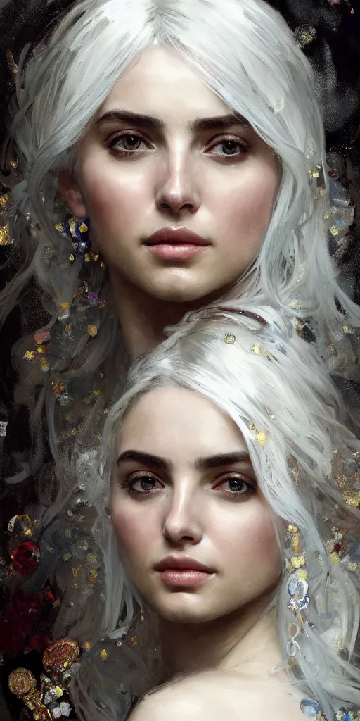 Image similar to a highly detailed beautiful white haired woman, ana de armas, adorned with precious stones, intricate line drawings by jeremy mann and alphonse mucha, 8 k resolution, trending on artstation, very very detailed, masterpiece, stunning,