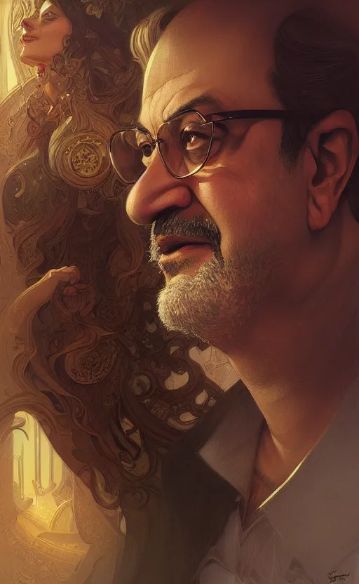 Image similar to portrait of salman rushdie, deep focus, d & d, fantasy, intricate, elegant, highly detailed, digital painting, artstation, concept art, matte, sharp focus, illustration, art by artgerm and greg rutkowski and alphonse mucha