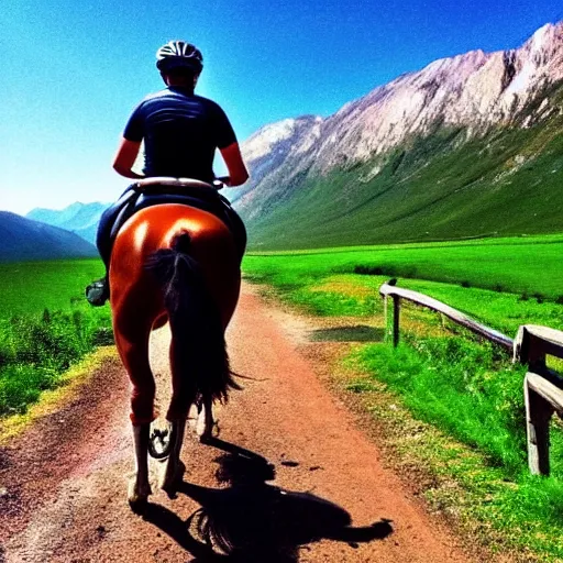 Image similar to horse riding! bicycle!, cycling!!, anthropomorphic!!!!, in the mountains, award winning photo,