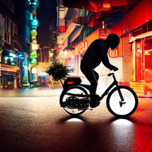 Image similar to food delivery driver riding futuristic rocket powered bike through dark rainy street with lots of neon, cyberpunk