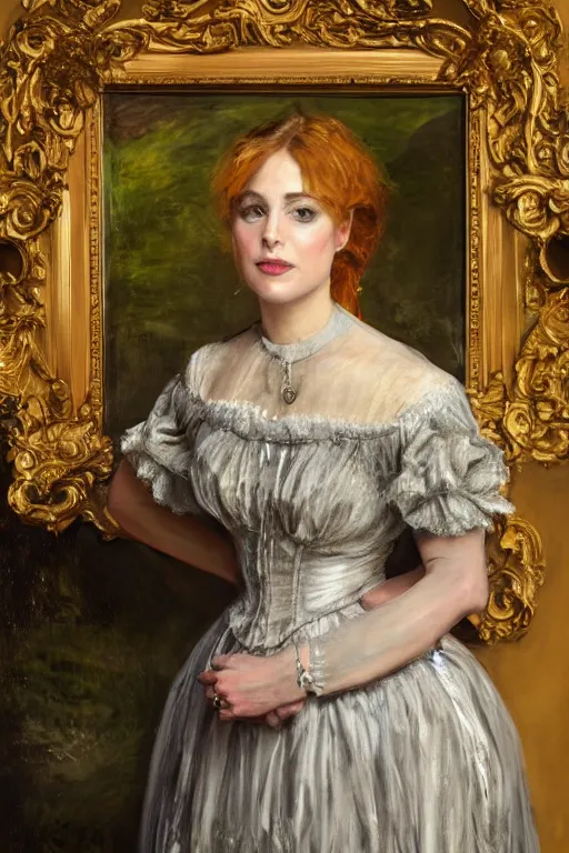 Prompt: a true-to-life portrait of Lisa Vicari against a backdrop of a time portal painted by John Everett Millais, real-life accurate, photoshoot