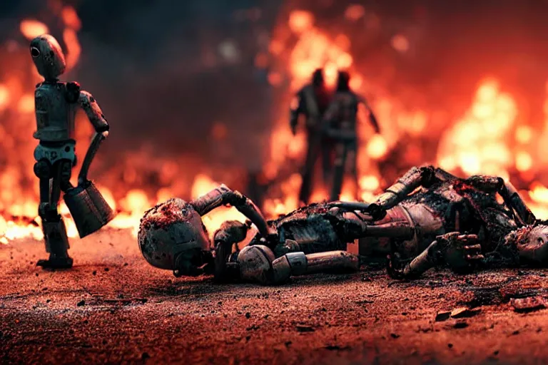 Image similar to vfx film closeup, dead robot couple on the ground holding hands, city street tire tracks fire. flat color profile low - key lighting award winning photography arri alexa cinematography, hyper real photorealistic cinematic atmospheric cool colorgrade