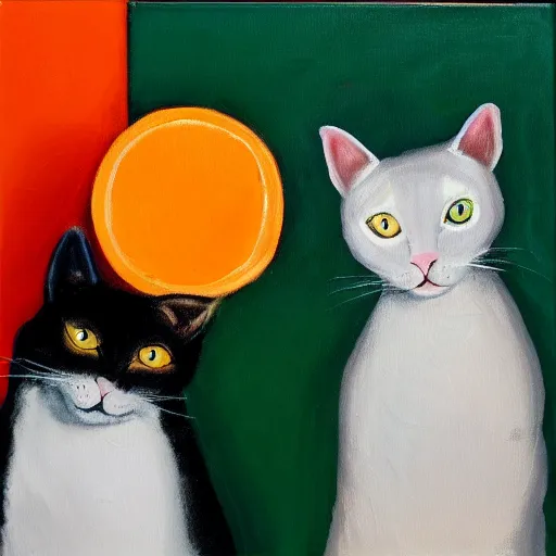 Image similar to two cats playing ping pong on orange background, oil painting