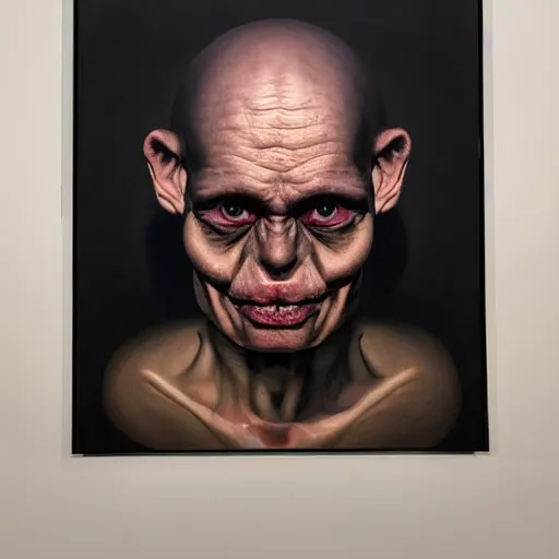 Image similar to oil painting black background extreme chiaroscuro by christian rex van minnen of a portrait of an extremely bizarre disturbing mutated man with proteus syndrome shiny bulbous tumor intense chiaroscuro lighting perfect composition