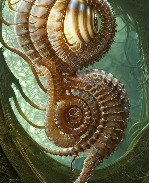 Image similar to intricate ornate opulent transparent clear see - through portrait of a horrific beautiful isopod nautilus snake, fractal, adorable, childlike, overgrown biopunk jungle environment, ultra realistic, concept art, art nouveau, photorealistic, octane render, 8 k, unreal engine. art by christopher marley and artgerm and greg rutkowski and alphonse mucha